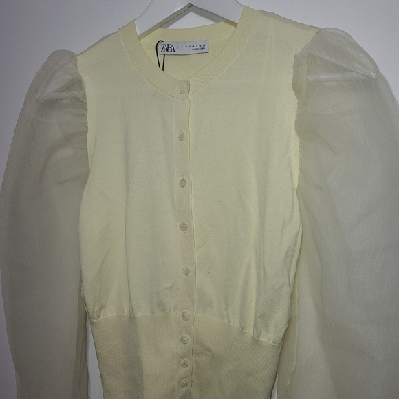 Zara NWT Puff Sheer Sleeve Cardigan Sweater - Picture 2 of 5